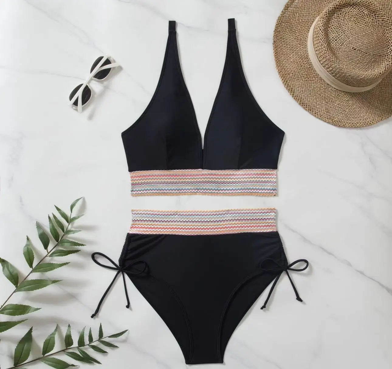 Bikini Taille Haute 2025 – Maillot Patchwork à Cordon Femme