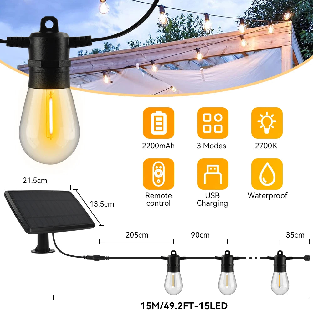 Guirlande Solaire LED 15M – Lumière Extérieure Étanche IP65 Le petit Souk