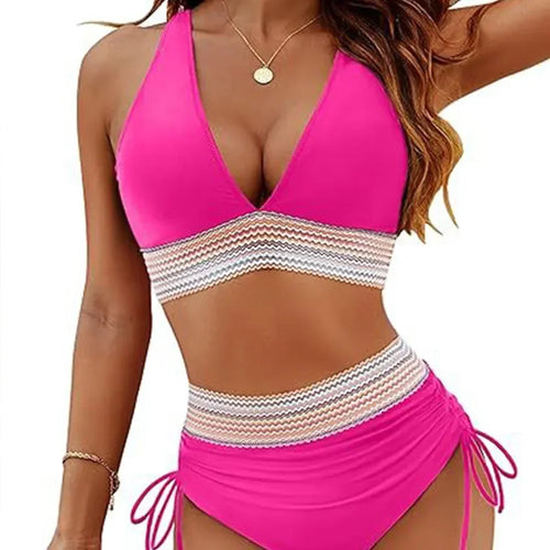 Bikini Taille Haute 2025 – Maillot Patchwork à Cordon Femme