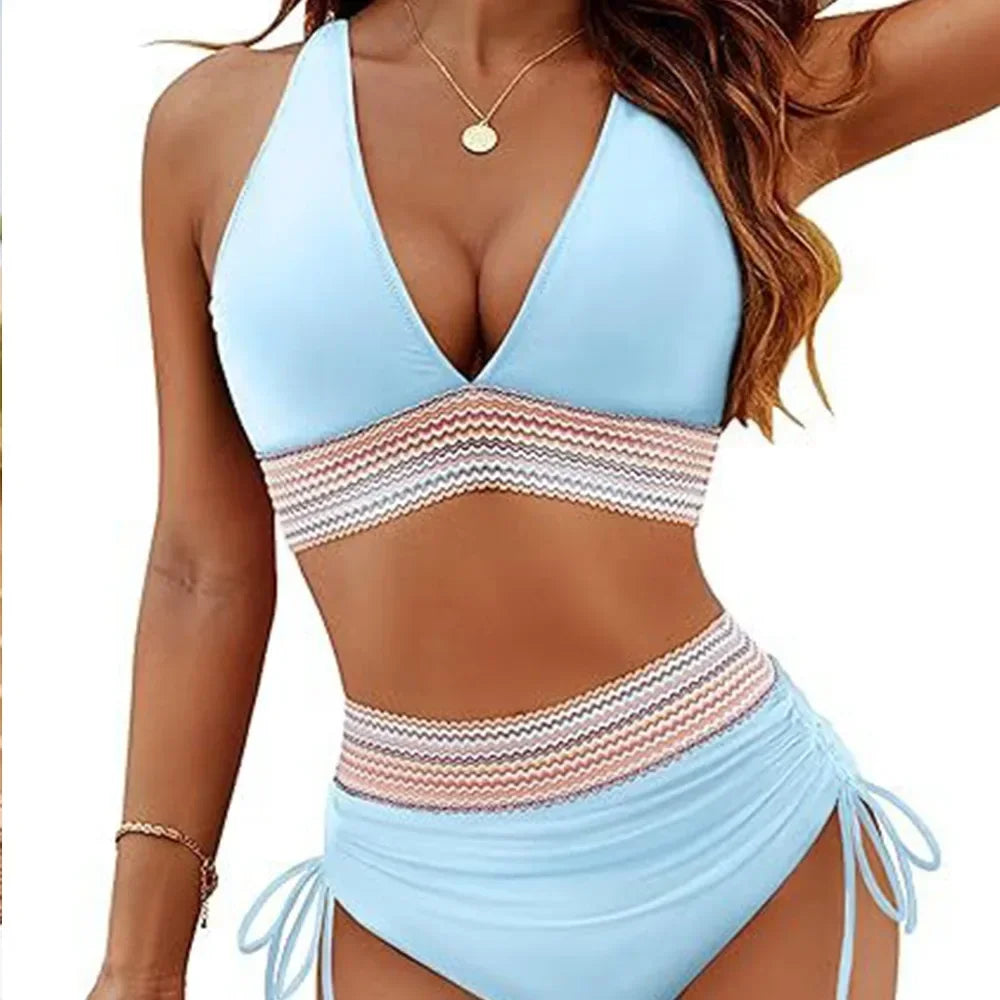 Bikini Taille Haute 2025 – Maillot Patchwork à Cordon Femme