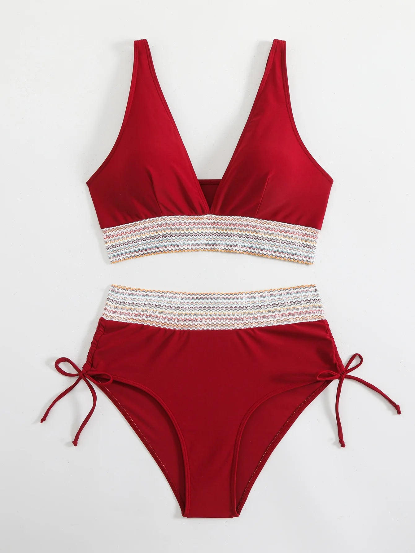 Bikini Taille Haute 2025 – Maillot Patchwork à Cordon Femme