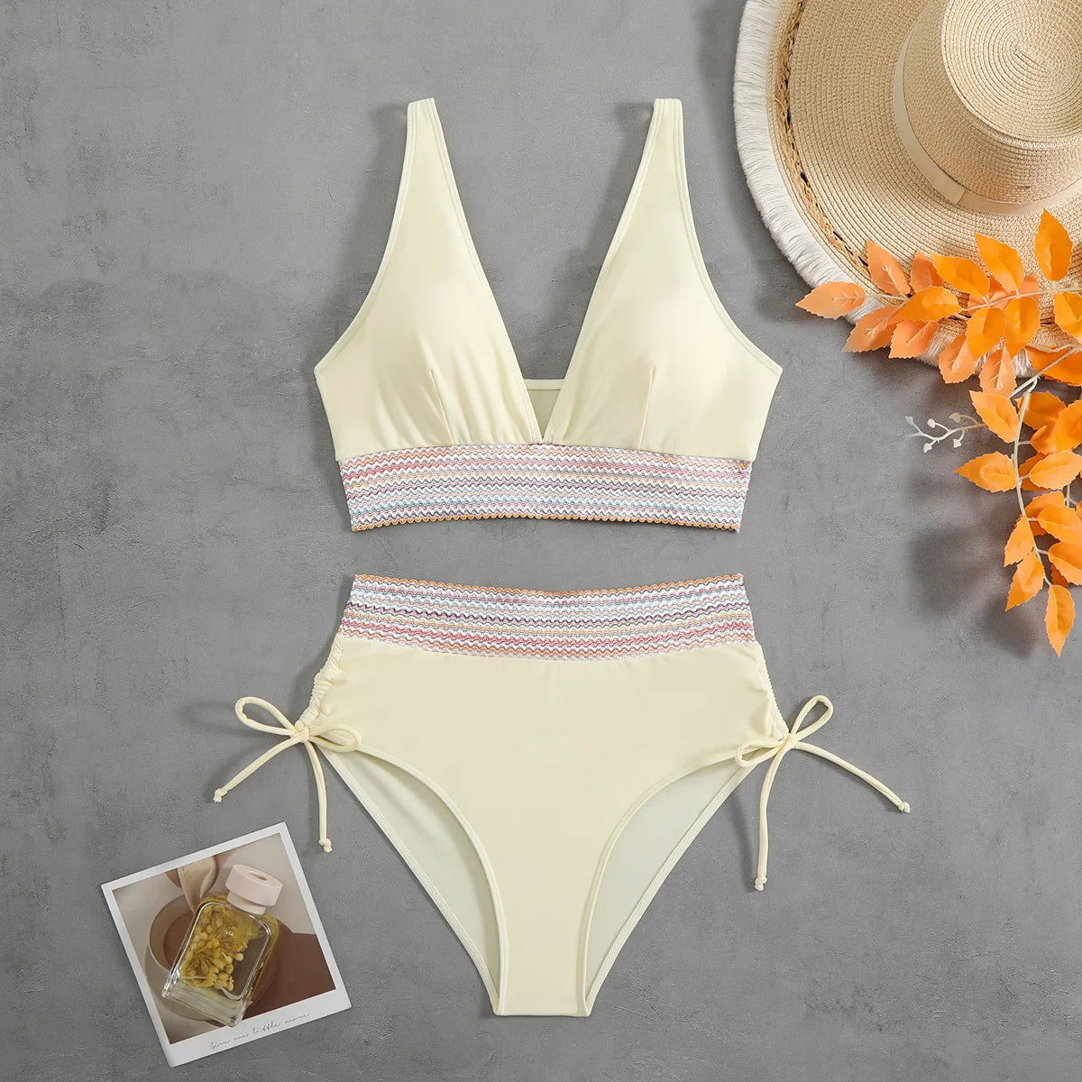 Bikini Taille Haute 2025 – Maillot Patchwork à Cordon Femme