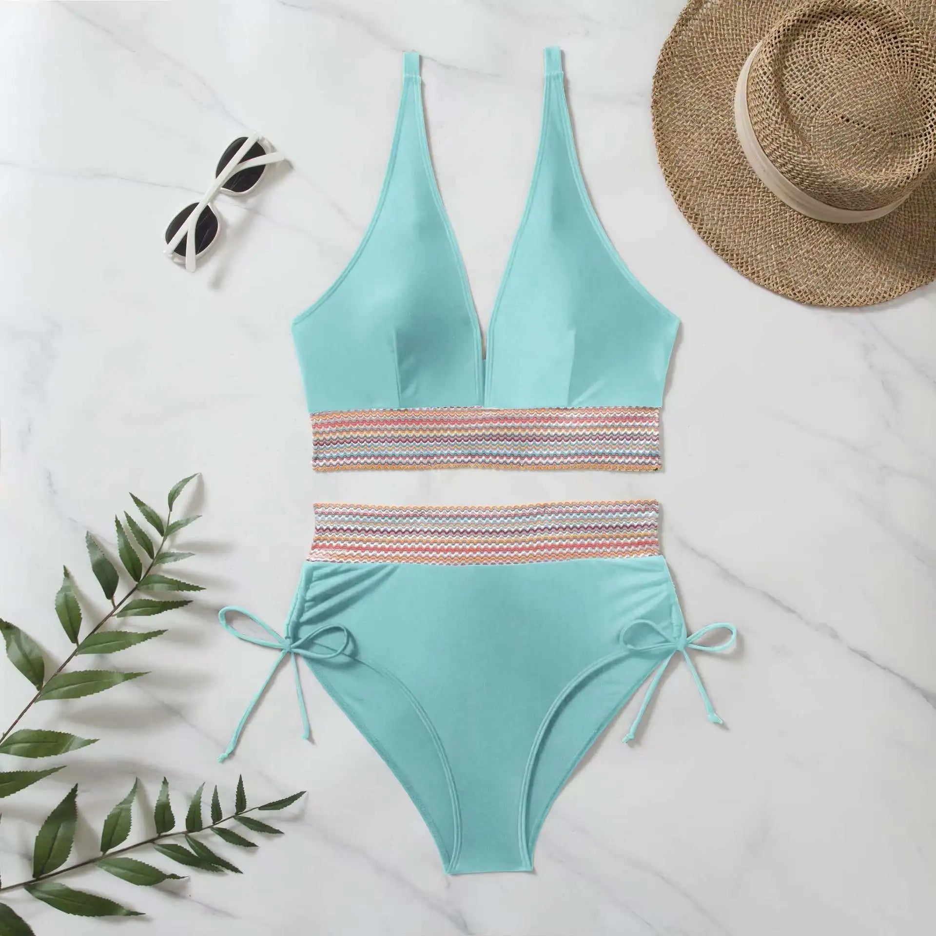 Bikini Taille Haute 2025 – Maillot Patchwork à Cordon Femme
