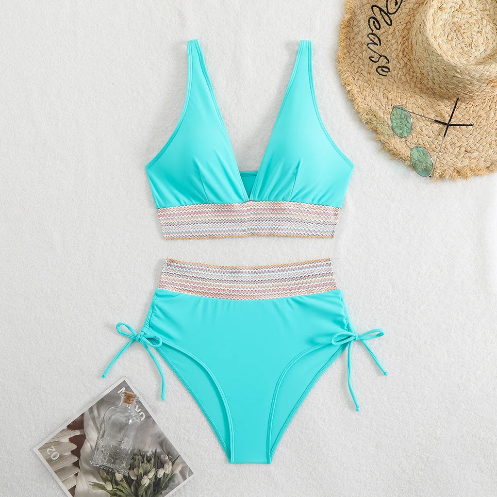 Bikini Taille Haute 2025 – Maillot Patchwork à Cordon Femme