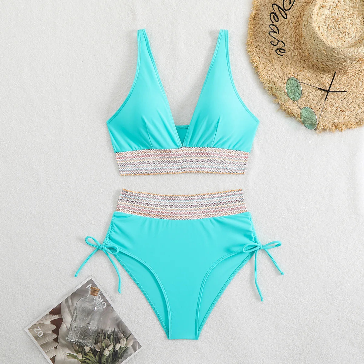 Bikini Taille Haute 2025 – Maillot Patchwork à Cordon Femme