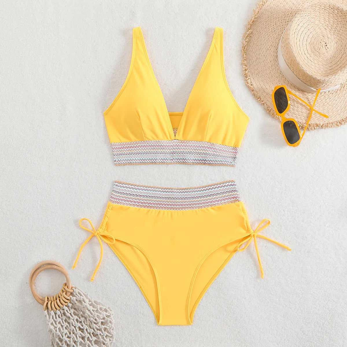 Bikini Taille Haute 2025 – Maillot Patchwork à Cordon Femme