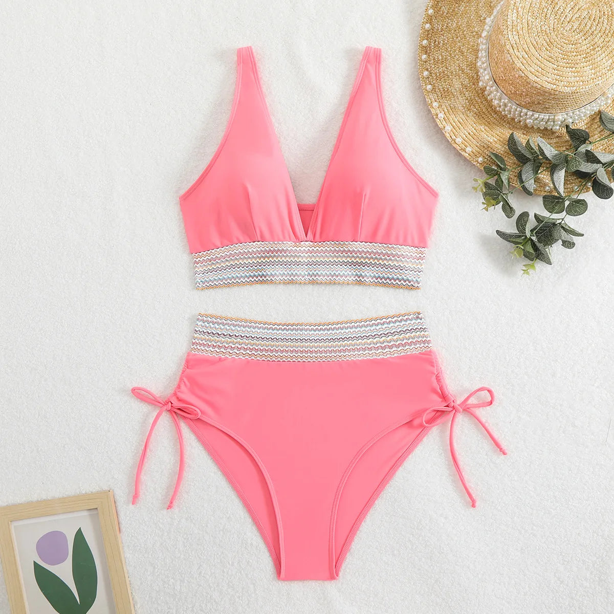 Bikini Taille Haute 2025 – Maillot Patchwork à Cordon Femme