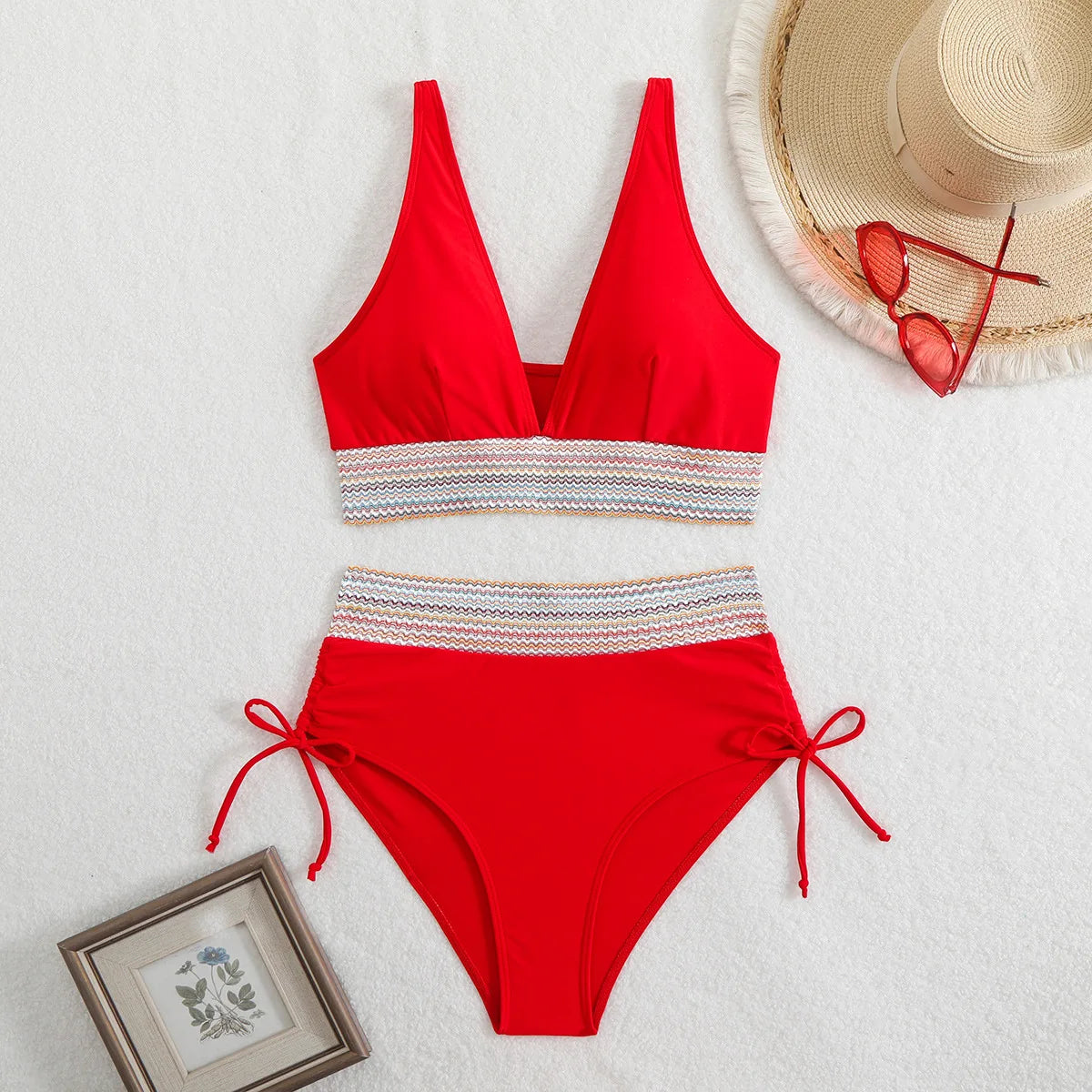 Bikini Taille Haute 2025 – Maillot Patchwork à Cordon Femme